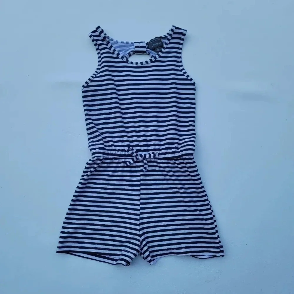 Picapino Girls Stripped Romper Sleeveless Drawstring Waist Navy White sz 4